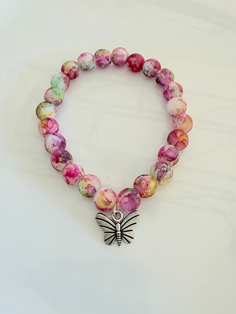 Butterfly Charm Multicolor Pink Beaded Stretch Bracelet Jewelry